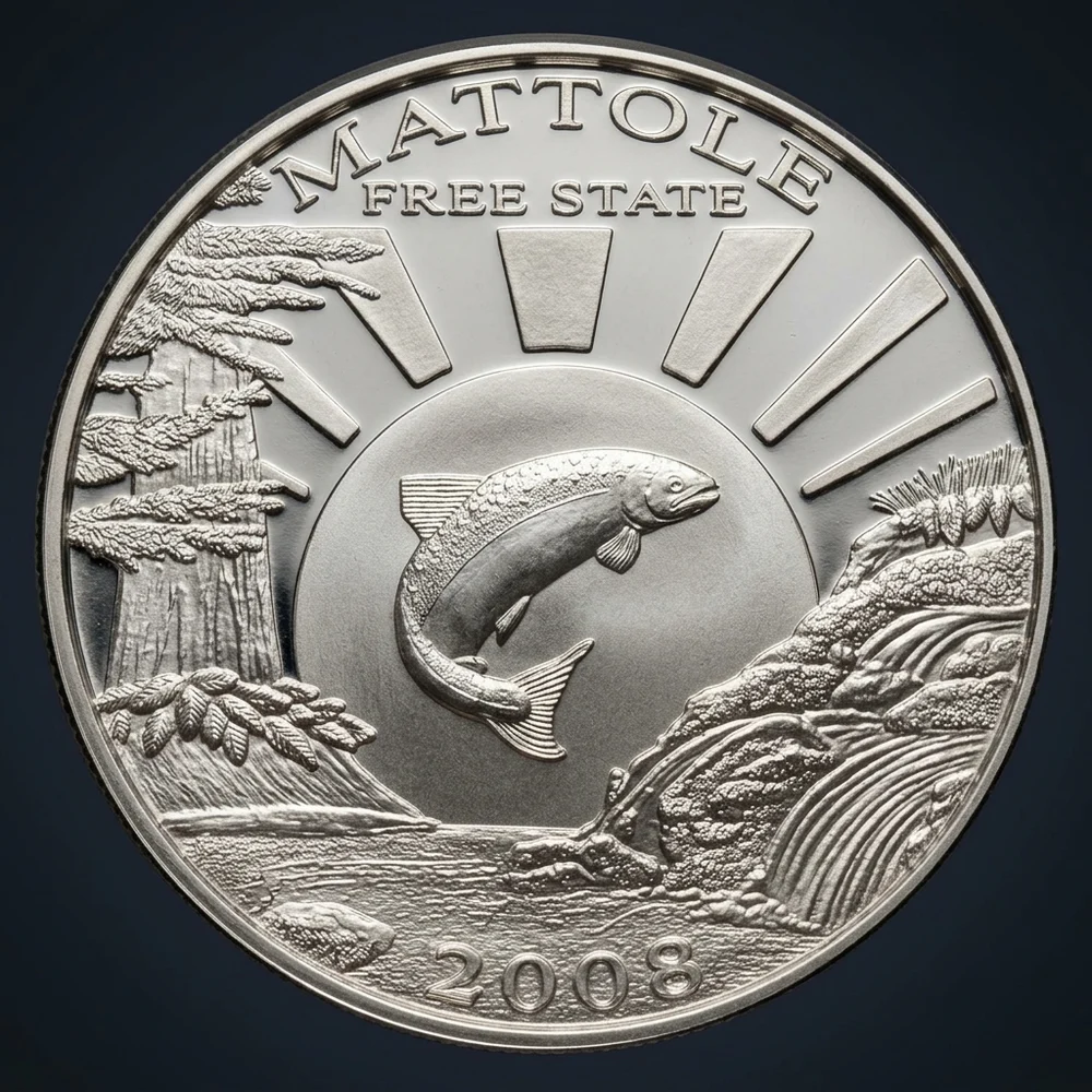 A Petol piece reading Mattole Free State, dated 2008, with a leaping salmon framed by a redwood and a waterfall